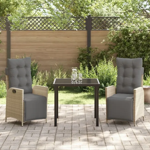 vidaXL Balkongmöbler>Trädgårdsmöbelset med kudde 3 pcs Beige konstrotting