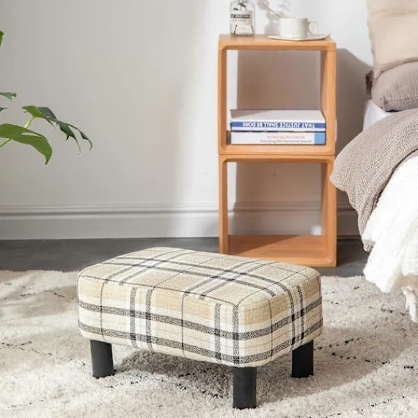 Pallar>Träpall rektangulär, pall, fotstöd, puff ottoman, fotpall med träfötter, vadderad sits av linne, ränder