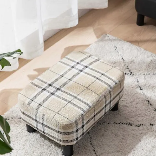 Pallar>Träpall rektangulär, pall, fotstöd, puff ottoman, fotpall med träfötter, vadderad sits av linne, ränder