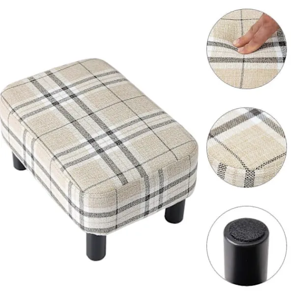 Pallar>Träpall rektangulär, pall, fotstöd, puff ottoman, fotpall med träfötter, vadderad sits av linne, ränder