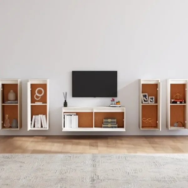 vidaXL Tv-Bänkar>Tv-bänk 5 delar vit massiv furu
