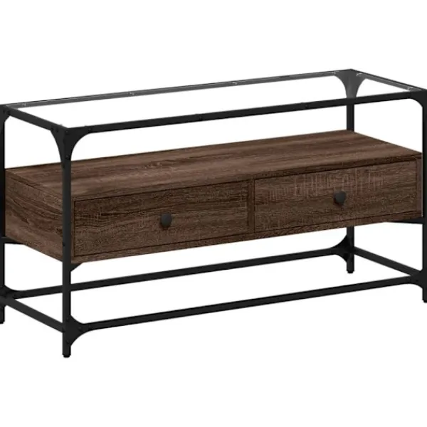 vidaXL Tv-Bänkar>Tv-bänk med glasskiva brun ek 98x35x51 cm konstruerat trä