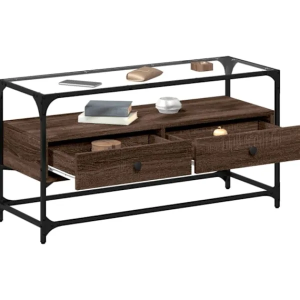 vidaXL Tv-Bänkar>Tv-bänk med glasskiva brun ek 98x35x51 cm konstruerat trä