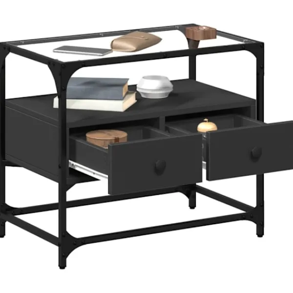 vidaXL Tv-Bänkar>Tv-bänk med glasskiva svart 60x35x51 cm konstruerat trä