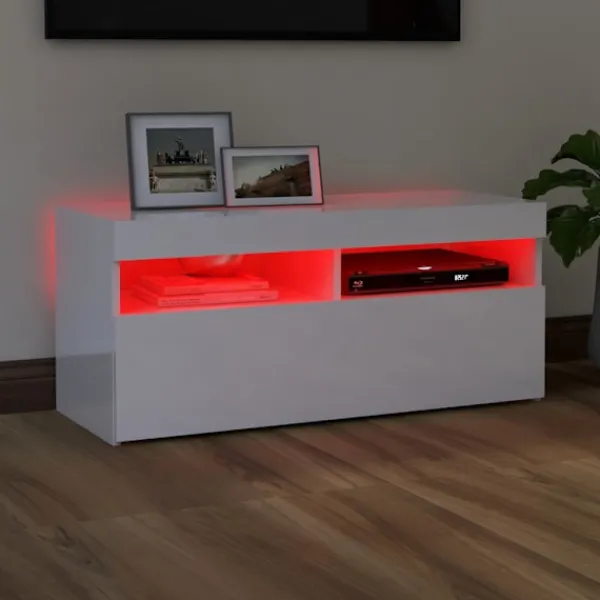 vidaXL Tv-Bänkar>TV-bänk med LED-belysning vit högglans 90x35x40 cm