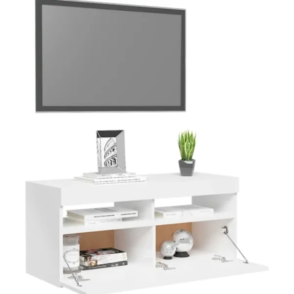 vidaXL Tv-Bänkar>TV-bänk med LED-belysning vit högglans 90x35x40 cm