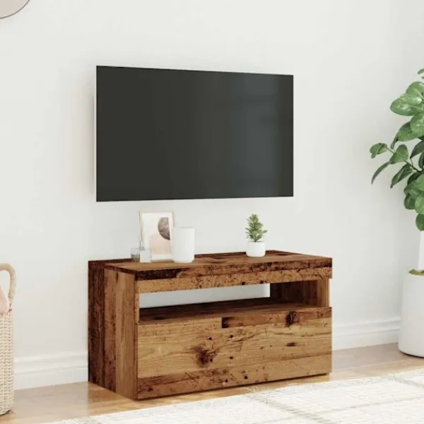 vidaXL Tv-Bänkar>TV-bänk med LED-lampor åldrat trä 75x35x40 cm konstruerat trä