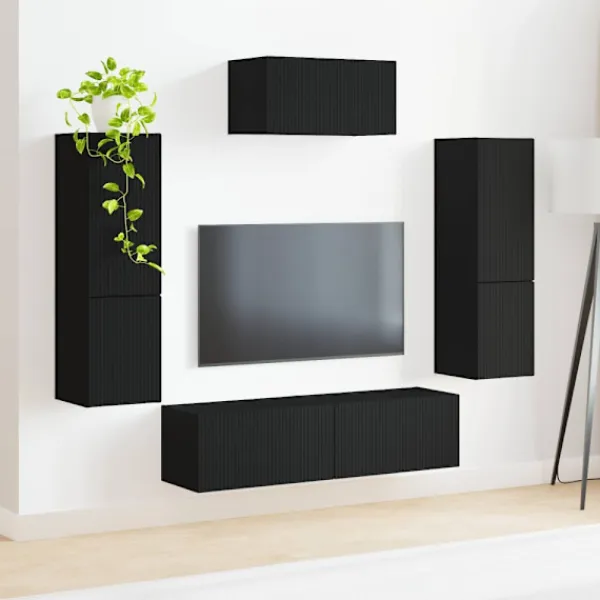 vidaXL Tv-Bänkar>TV-bänkset Väggmonterad 4 pcs Svart Konstruerat trä