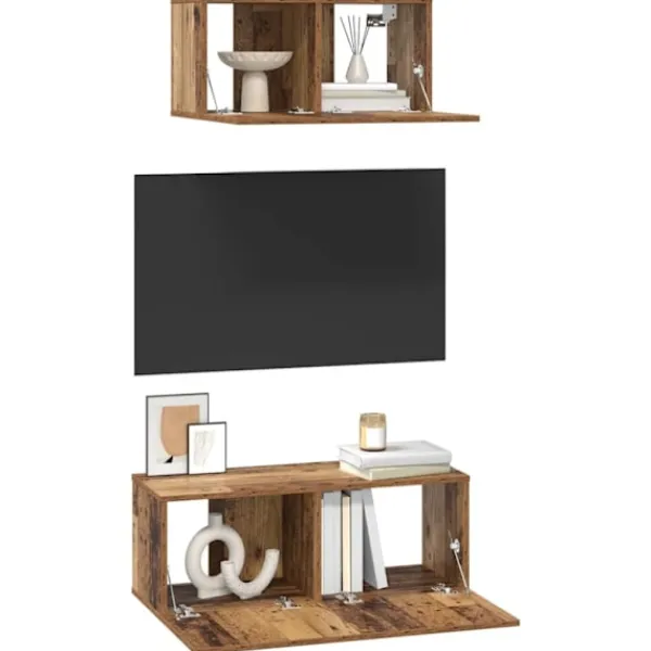 vidaXL Tv-Bänkar>TV-bänkset Väggmonterad 2 pcs Gammalt trä Konstruerat trä
