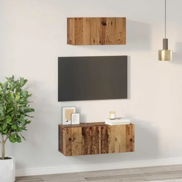 vidaXL Tv-Bänkar>TV-bänkset Väggmonterad 2 pcs Gammalt trä Konstruerat trä