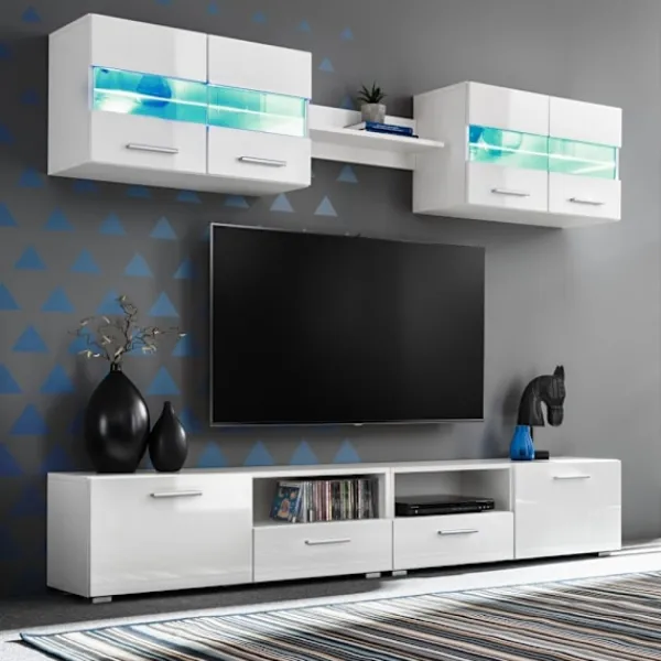 vidaXL Tv-Bänkar>TV-möbel 5 delar med LED-belysning högglans vit