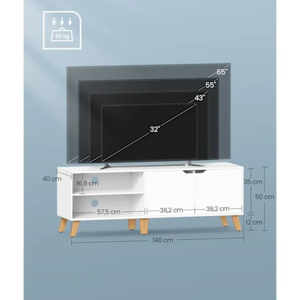 Pavil Tv-Bänkar>Tv-skåp För Tv-apparater Upp Till 65 Tum, 140 Cm Bred Tv-bänk med 2 Dörrar, Vit