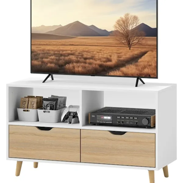Northio Tv-Bänkar>TV-skåp lowboard med 2 hyllplan, låda, 99 cm långt TV-bord för TV, TV-bord för vardagsrum, vit