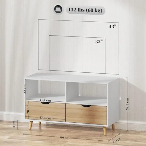Northio Tv-Bänkar>TV-skåp lowboard med 2 hyllplan, låda, 99 cm långt TV-bord för TV, TV-bord för vardagsrum, vit