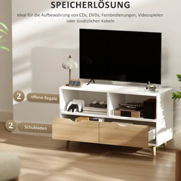 Northio Tv-Bänkar>TV-skåp lowboard med 2 hyllplan, låda, 99 cm långt TV-bord för TV, TV-bord för vardagsrum, vit