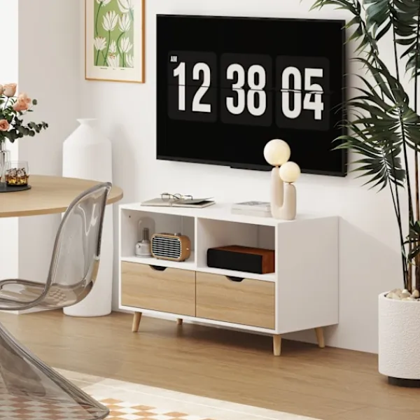 Northio Tv-Bänkar>TV-skåp lowboard med 2 hyllplan, låda, 99 cm långt TV-bord för TV, TV-bord för vardagsrum, vit