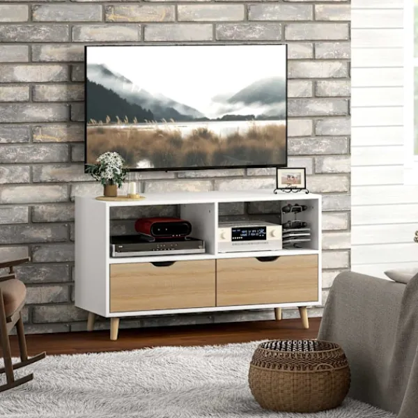 Northio Tv-Bänkar>TV-skåp lowboard med 2 hyllplan, låda, 99 cm långt TV-bord för TV, TV-bord för vardagsrum, vit