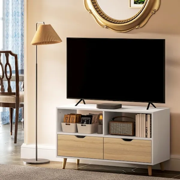 Northio Tv-Bänkar>TV-skåp lowboard med 2 hyllplan, låda, 99 cm långt TV-bord för TV, TV-bord för vardagsrum, vit
