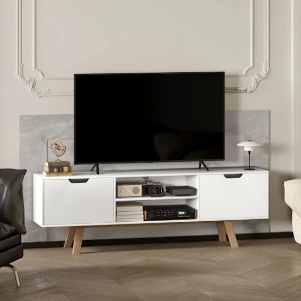 Northio Tv-Bänkar>Tv-skåp, tv-bänk för tv-apparater upp till 65 tum, lowboard med 2 skåp och 2 hyllor, tv-skåp för vardagsrum, 150 x 39 x 50 cm vit