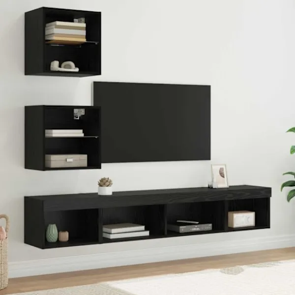 vidaXL Tv-Bänkar>TV-väggenheter med LED Väggmonterad 5 pcs Svart Ek 100 x 30 x 30 cm