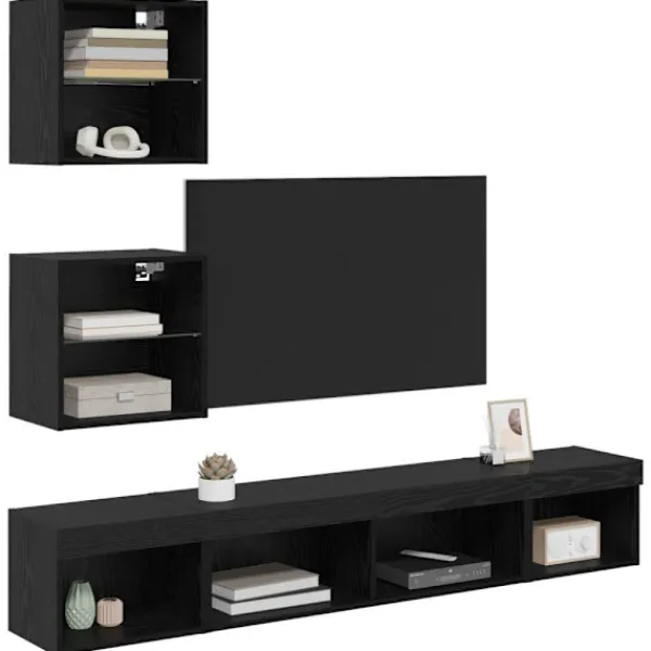 vidaXL Tv-Bänkar>TV-väggenheter med LED Väggmonterad 5 pcs Svart Ek 100 x 30 x 30 cm