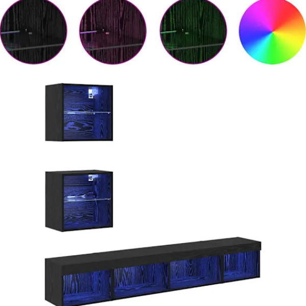 vidaXL Tv-Bänkar>TV-väggenheter med LED Väggmonterad 5 pcs Svart Ek 100 x 30 x 30 cm