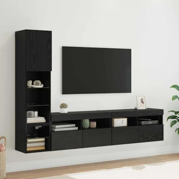 vidaXL Tv-Bänkar>TV-väggmodul med LED -remsljus 4 pcs Svart Ek Konstruerat trä
