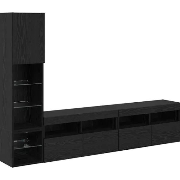 vidaXL Tv-Bänkar>TV-väggmodul med LED -remsljus 4 pcs Svart Ek Konstruerat trä