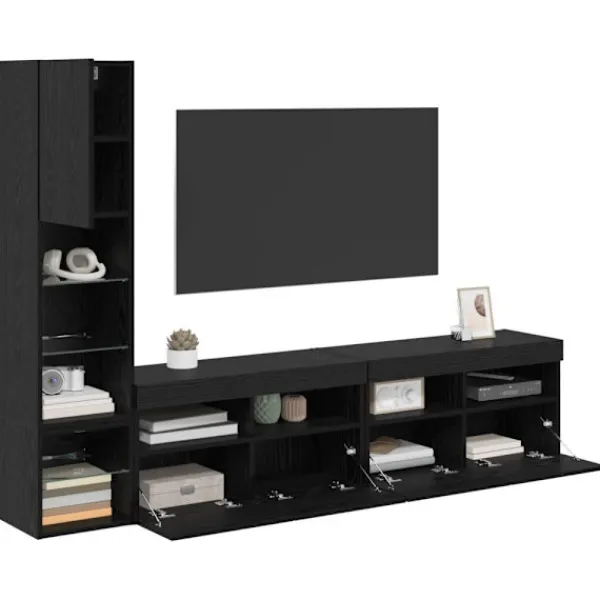 vidaXL Tv-Bänkar>TV-väggmodul med LED -remsljus 4 pcs Svart Ek Konstruerat trä
