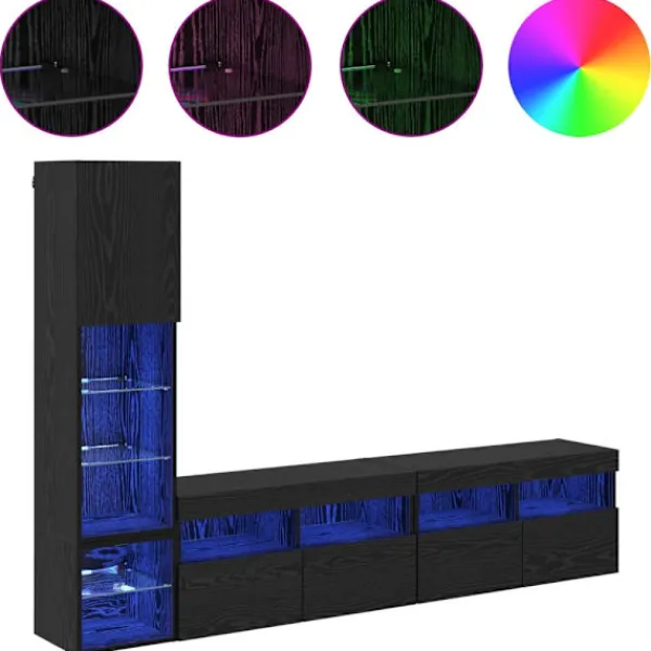 vidaXL Tv-Bänkar>TV-väggmodul med LED -remsljus 4 pcs Svart Ek Konstruerat trä