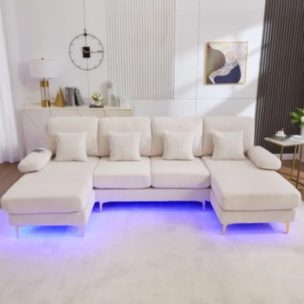 Soffor>U-soffa med LED-belysning & USB-C, massiv träram – 4 lyxiga kuddar, ergonomiskt ryggstöd, premiumkomfort,