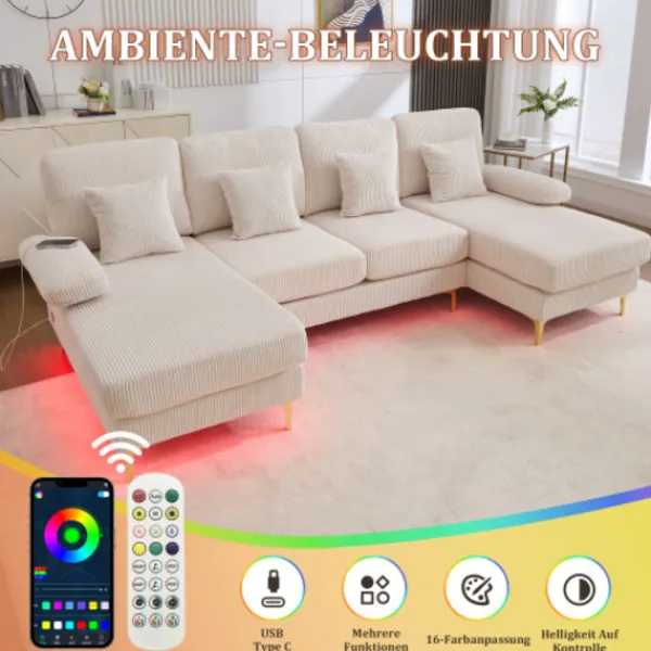 Soffor>U-soffa med LED-belysning & USB-C, massiv träram – 4 lyxiga kuddar, ergonomiskt ryggstöd, premiumkomfort,