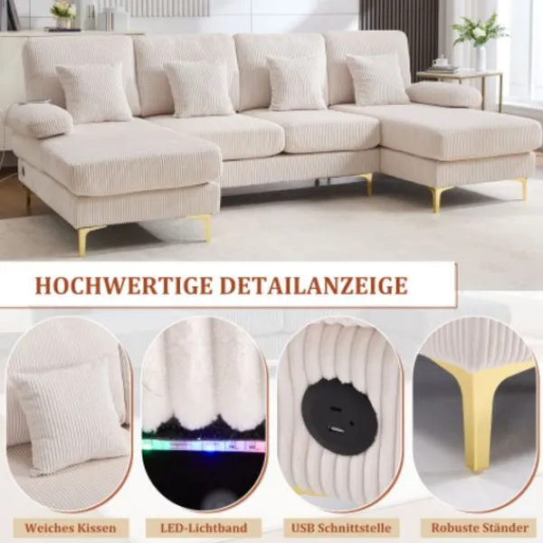 Soffor>U-soffa med LED-belysning & USB-C, massiv träram – 4 lyxiga kuddar, ergonomiskt ryggstöd, premiumkomfort,