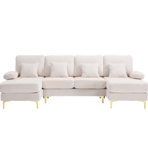 Soffor>U-soffa med LED-belysning & USB-C, massiv träram – 4 lyxiga kuddar, ergonomiskt ryggstöd, premiumkomfort,