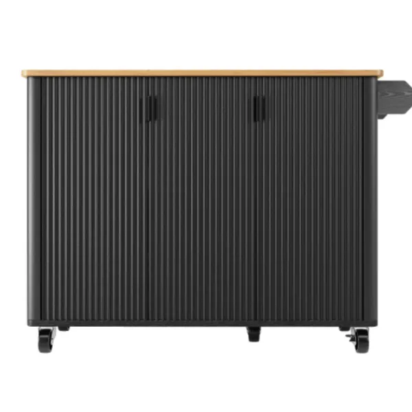 Köksö>Utdragbar köksö med hjul | Köksvagn 130x45(75)x92cm | Med kryddhylla, handdukshängare & 3 dörrar | Vit/Svart träådring