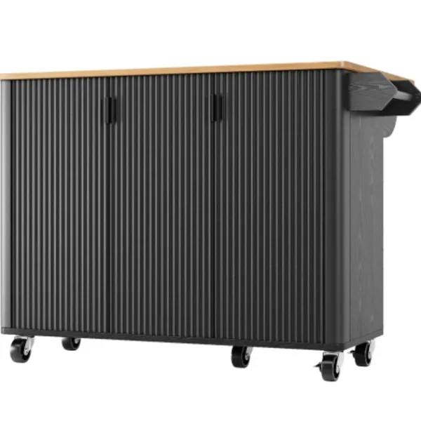 Köksö>Utdragbar köksö med hjul | Köksvagn 130x45(75)x92cm | Med kryddhylla, handdukshängare & 3 dörrar | Vit/Svart träådring