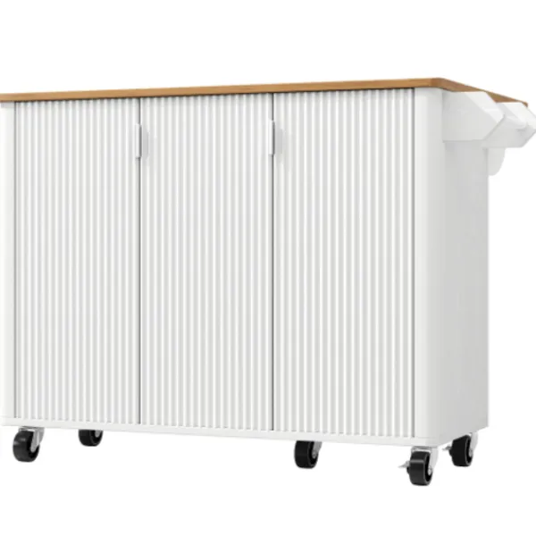 Köksö>Utdragbar köksö med trästruktur och hjul | Köksvagn 130x45(75)x92cm | Med kryddhylla, handdukshängare och 3 dörrar | Vit/Svart