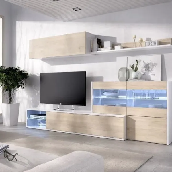 Tv-Bänkar>Vardagsrumsmöbelset med LED-fönster - Ek och vit dekor - L 260 x D 41 x H 180 cm - UMA