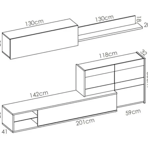 Tv-Bänkar>Vardagsrumsmöbelset med LED-fönster - Ek och vit dekor - L 260 x D 41 x H 180 cm - UMA