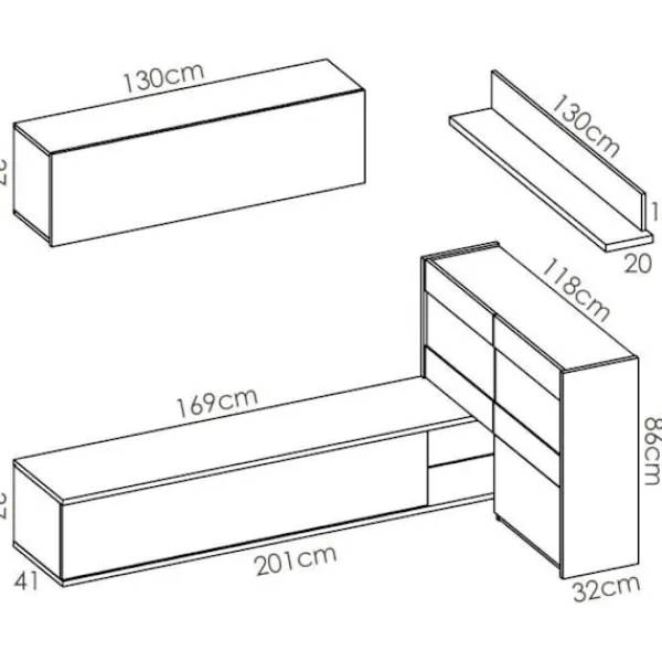Tv-Bänkar>Vardagsrumsmöbelset med LED-fönster - Ek och vit dekor - L 260 x D 41 x H 180 cm - UMA