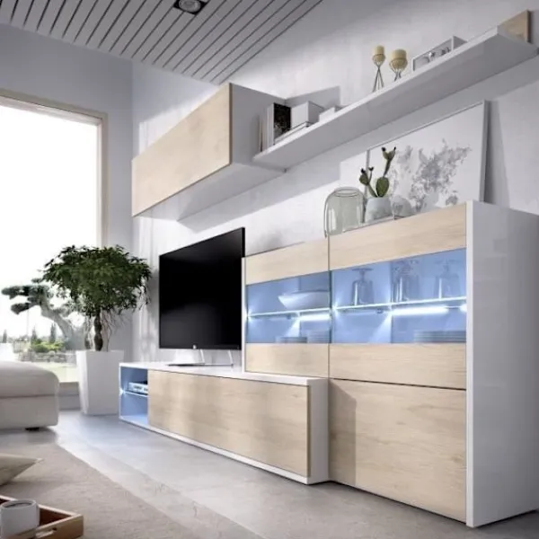 Tv-Bänkar>Vardagsrumsmöbelset med LED-fönster - Ek och vit dekor - L 260 x D 41 x H 180 cm - UMA