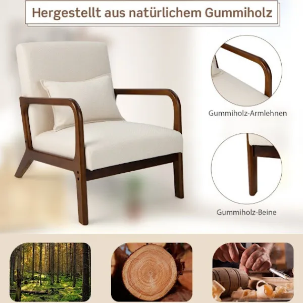 Northix Fåtöljer>Vardagsrumsstol, vadderad, armstöd i trä, beige