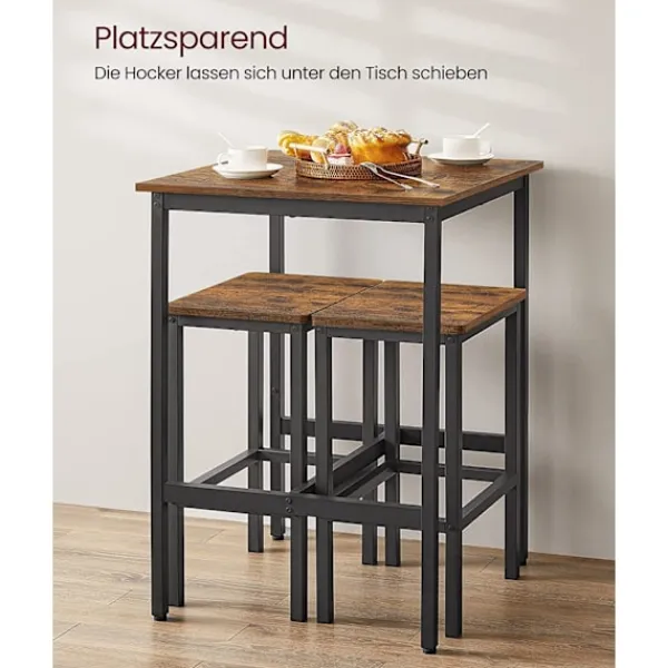 Pavil Matgrupper>VASAGLE barbord med barstolsset, matbord med 2 stolar, vintage brun/svart