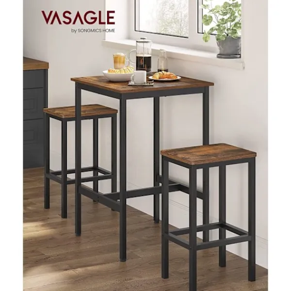 Pavil Matgrupper>VASAGLE barbord med barstolsset, matbord med 2 stolar, vintage brun/svart