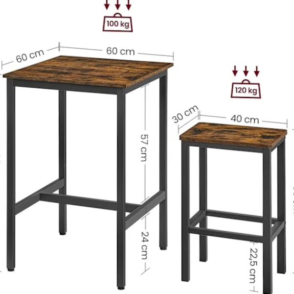 Pavil Matgrupper>VASAGLE barbord med barstolsset, matbord med 2 stolar, vintage brun/svart
