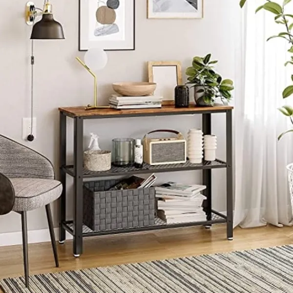 Pavil Småbord>VASAGLE Ett konsolbord med rustik skiva och 2 näthyllor