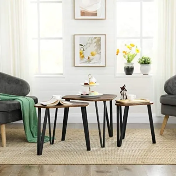 Pavil Småbord>Vasagle häckande soffbord, 3 -ändbord för vardagsrum, sidobord, brun och svart