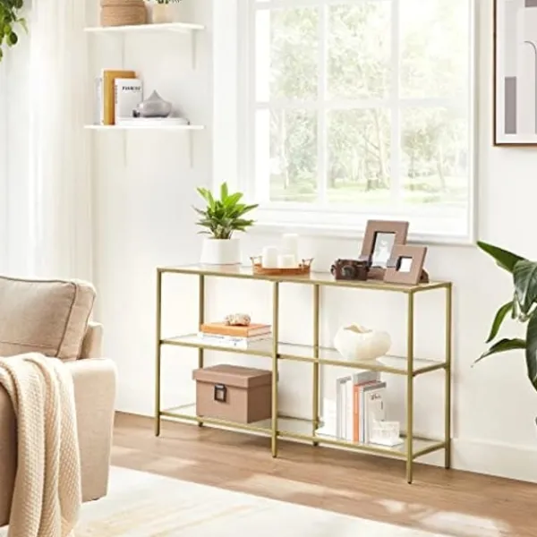Pavil Småbord>VASAGLE konsolbord, soffbord med 3 hyllor, hylla i härdat glas, guldfärg