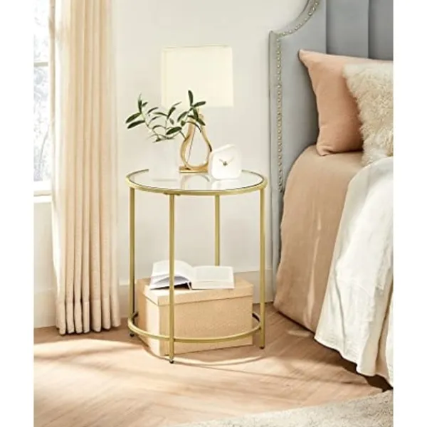 Pavil Småbord>Vasagle rund sidobord, härdat glasändbord med gyllene metallram, litet soffbord, guld