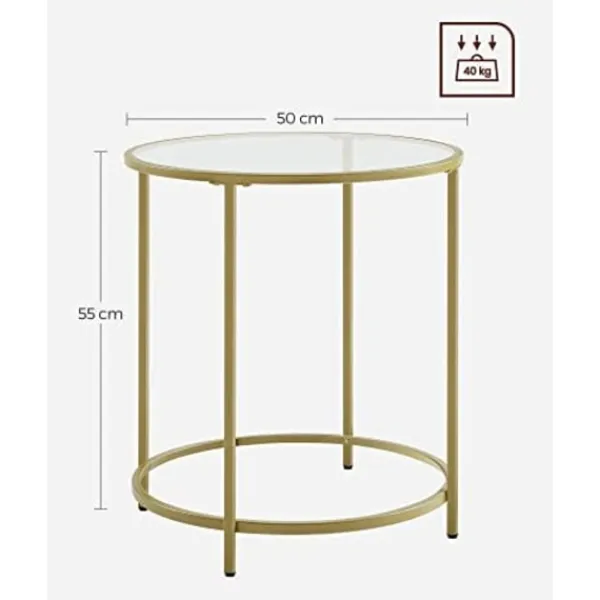 Pavil Småbord>Vasagle rund sidobord, härdat glasändbord med gyllene metallram, litet soffbord, guld